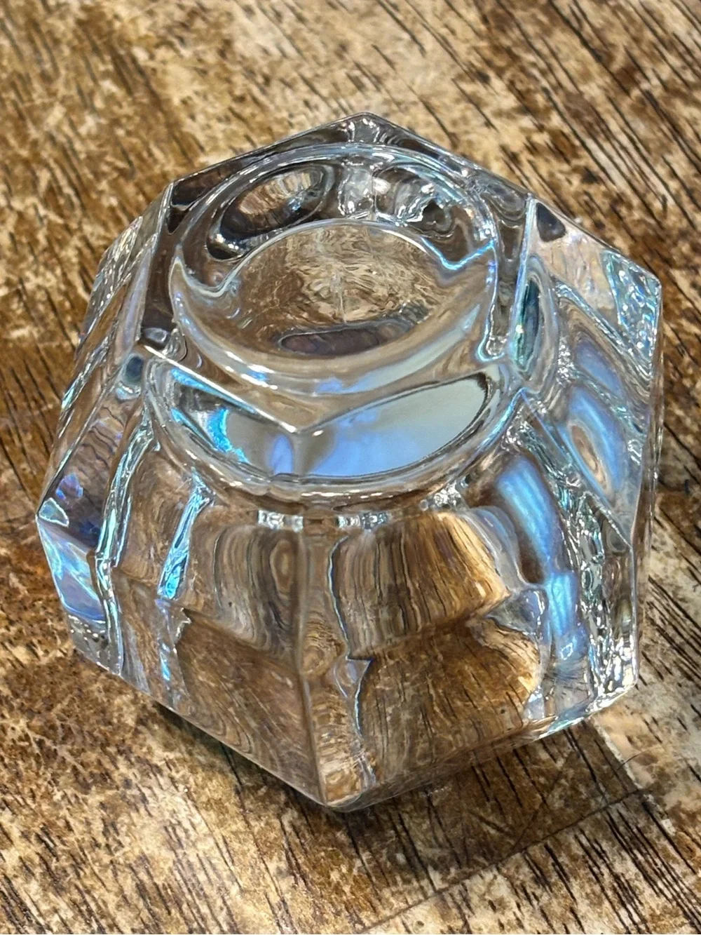Vintage Heavy Crystal Glass Hexagon Votive Tealight Candle Holder Geometric